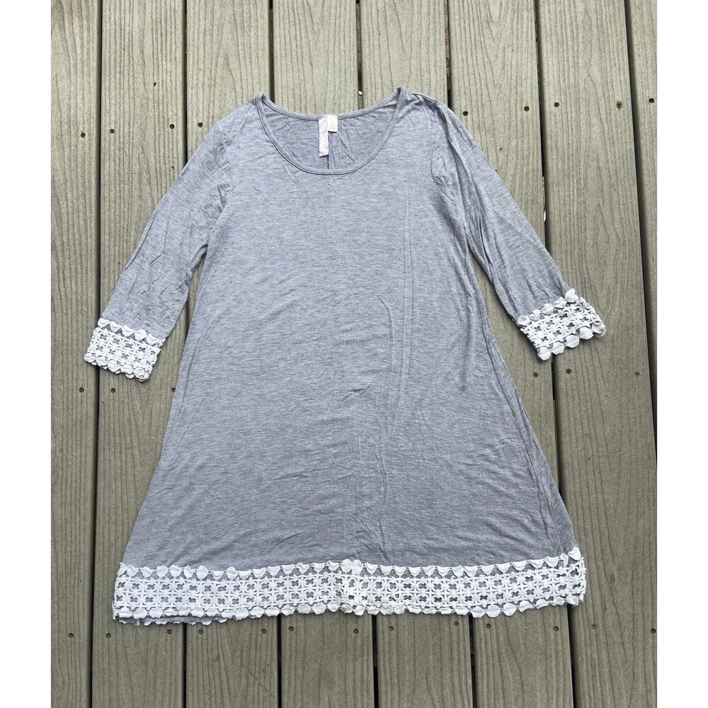 Alya Womens Small Gray Tunic Dress White Crochet Lace Trim Boho Cottagecore